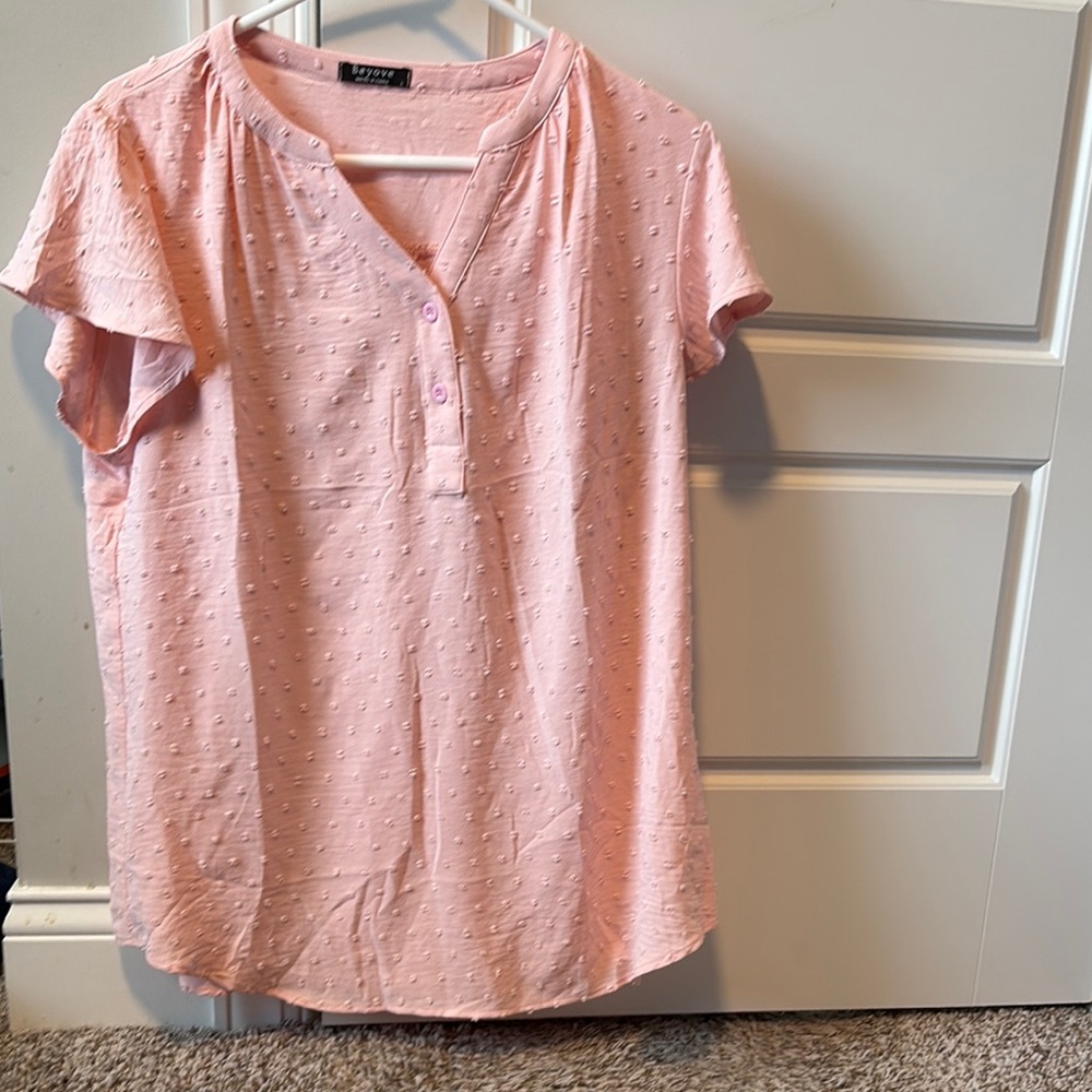 Pink Relaxed Buttoned Polo Collar Blouse